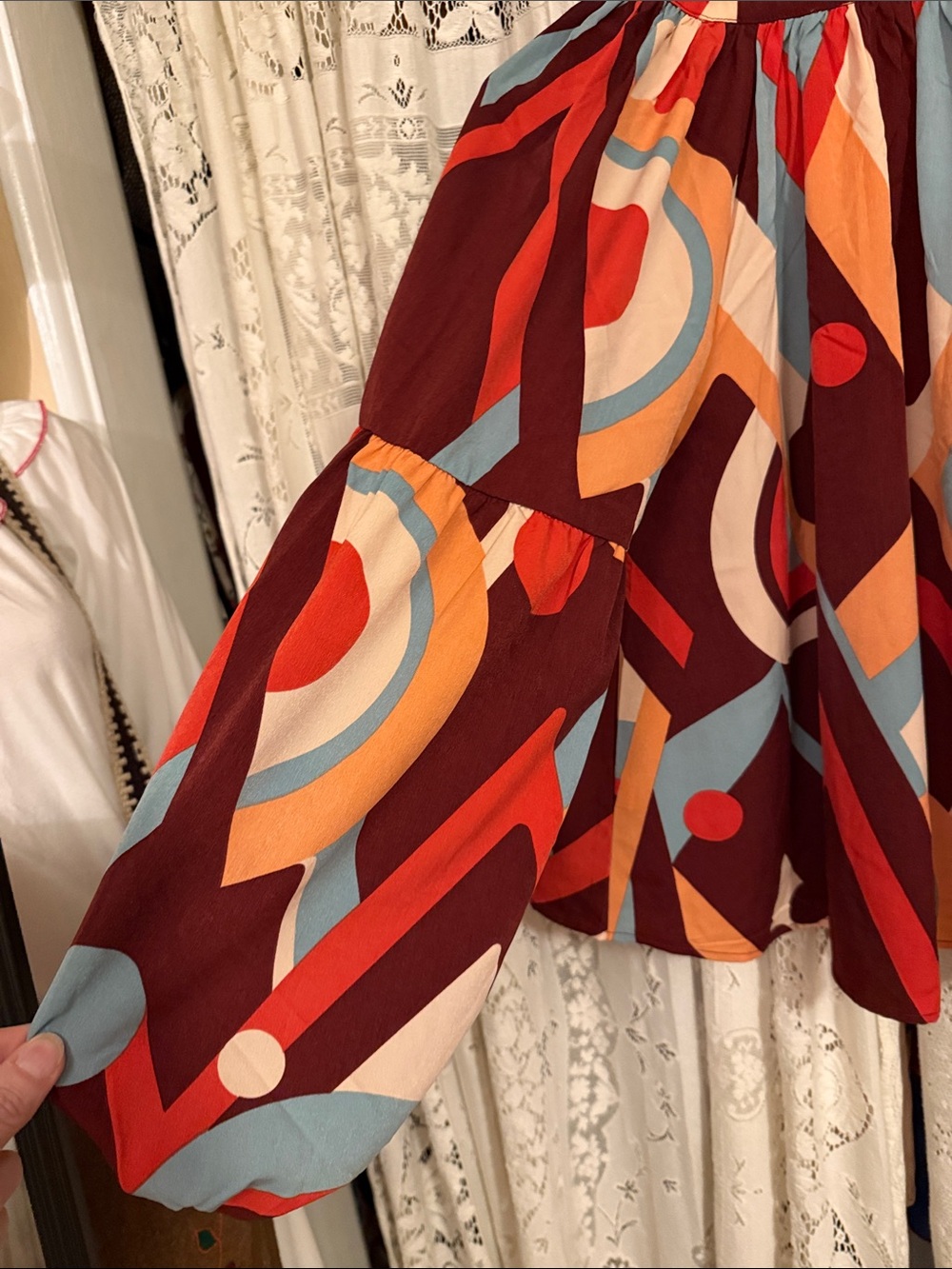 Boho Geometric Balloon-Sleeve Blouse in Burgundy - Picture 6 of 7